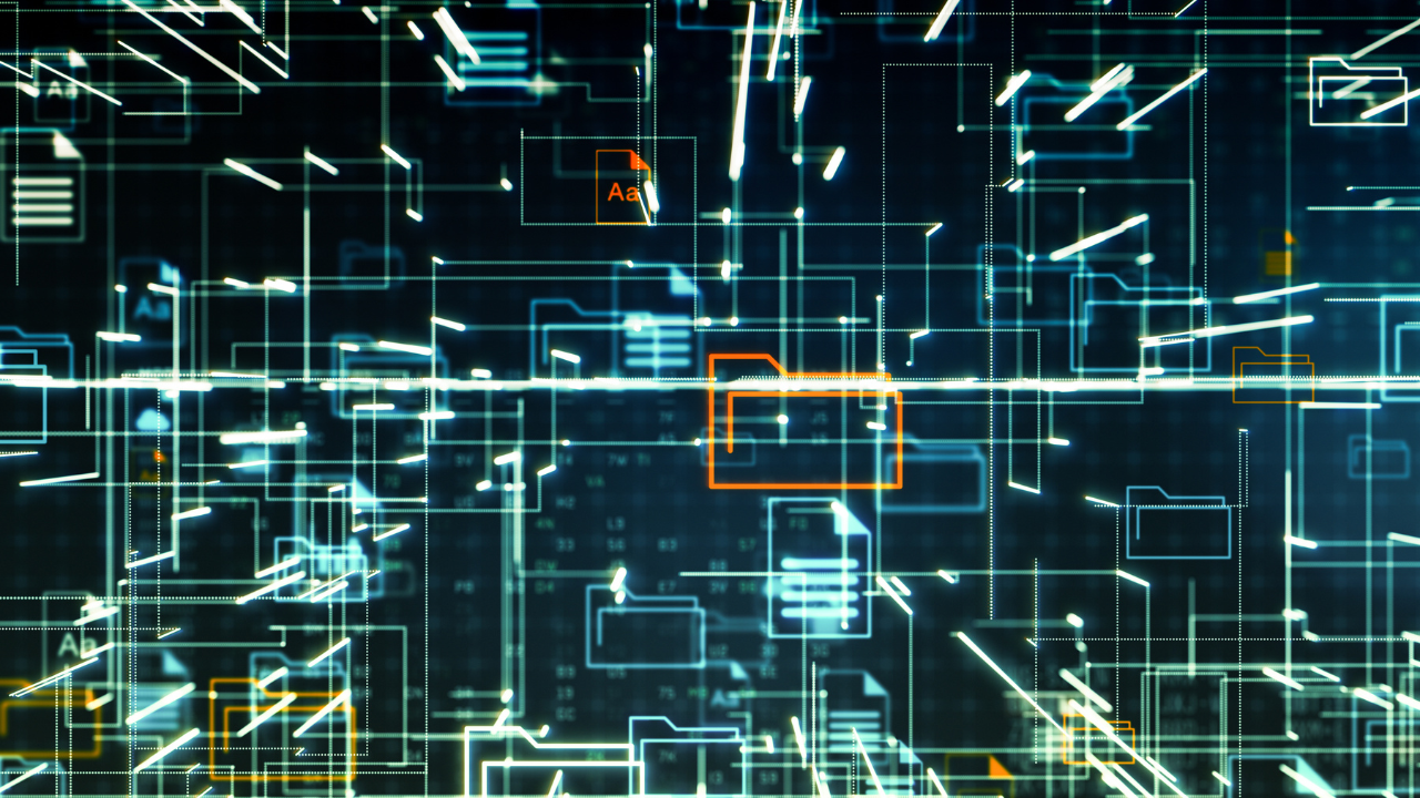 abstract network grid with files and folders, futuristic software interface, digital document management system, store, search and organize documents, corporate business, paperless office. Image Credit: Adobe Stock Images/lucadp