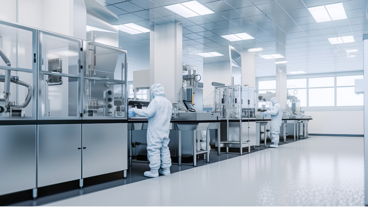 Pharma, pharmaceautical clean room, industrial design for large scale chemical production in controlled sterile conditions, AI generative industrial interior, panoramic banner. Image Credit: Adobe Stock Images/Friedbert