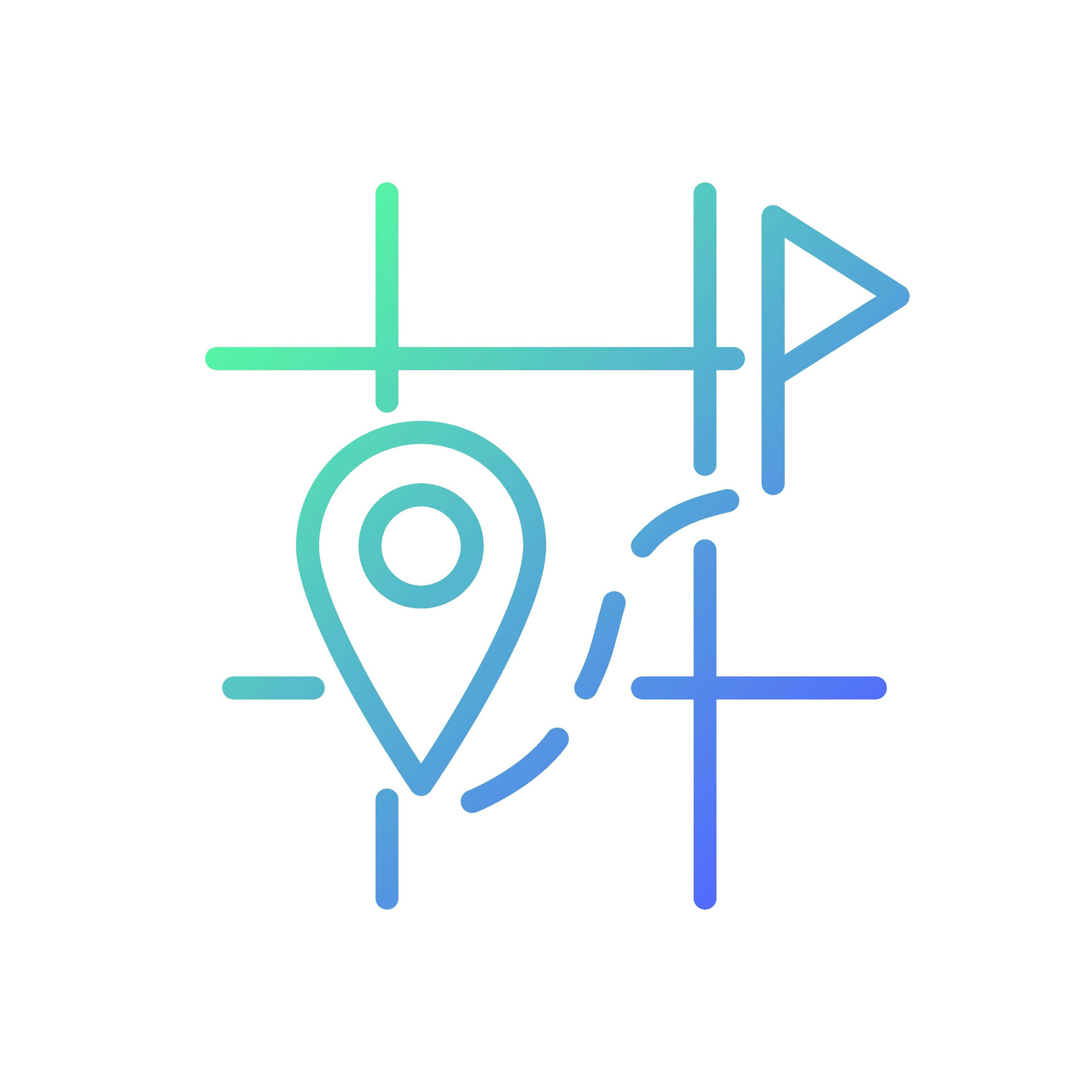 Searching for destination on map gradient linear vector icon. Location tracking. Real-time monitoring. Navigation. Thin line color symbol. Modern style pictogram. Vector isolated outline drawing. Image Credit: Adobe Stock Images/bsd studio