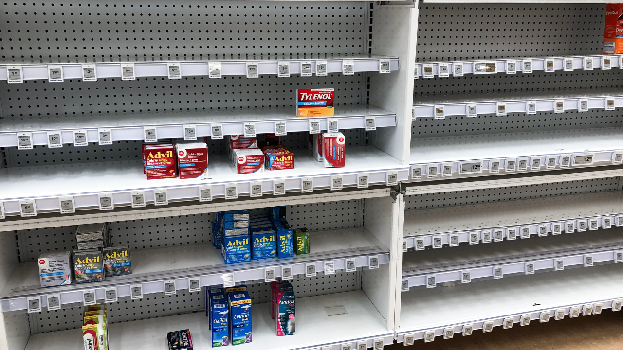 Shelves with limited supply of pain relievers and cold and flu medications at canadian pharmacy. Image Credit: Adobe Stock Images/Julia