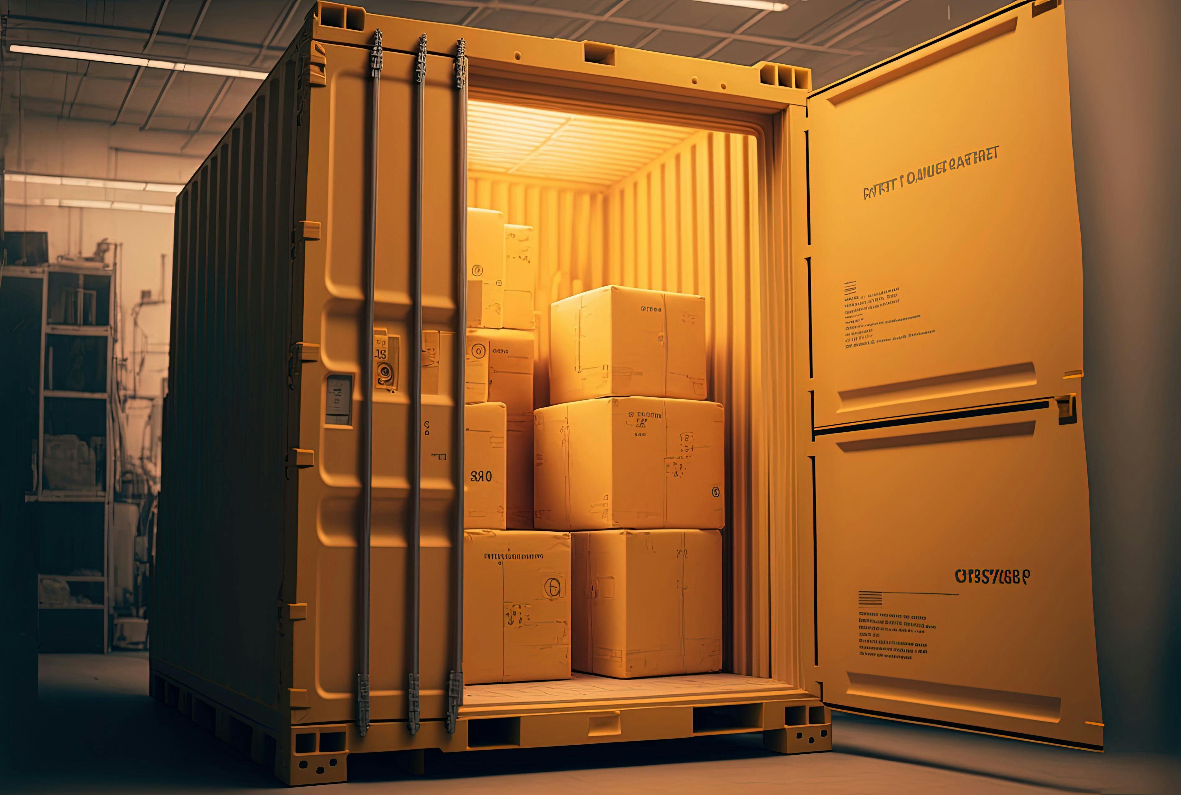 In a temperature controlled, sterile chamber at the processing factory, stacked cardboard packages and export goods are displayed in a yellow warehouse. Generative AI. Image Credit: Adobe Stock Images/2ragon