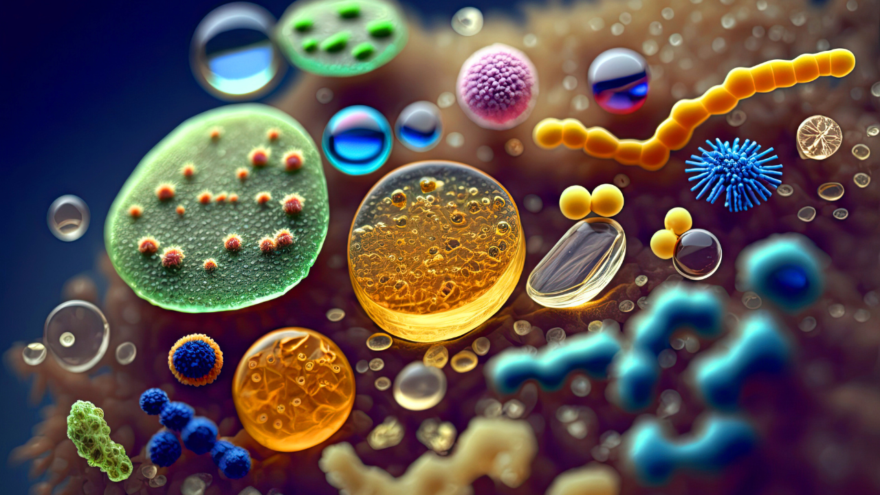 Various viruses, microbes and bacteria, types of microorganisms under microscopic magnification. Macro.Generative AI illustration. Microbiology. Image Credit: Adobe Stock Images/Anastasia 