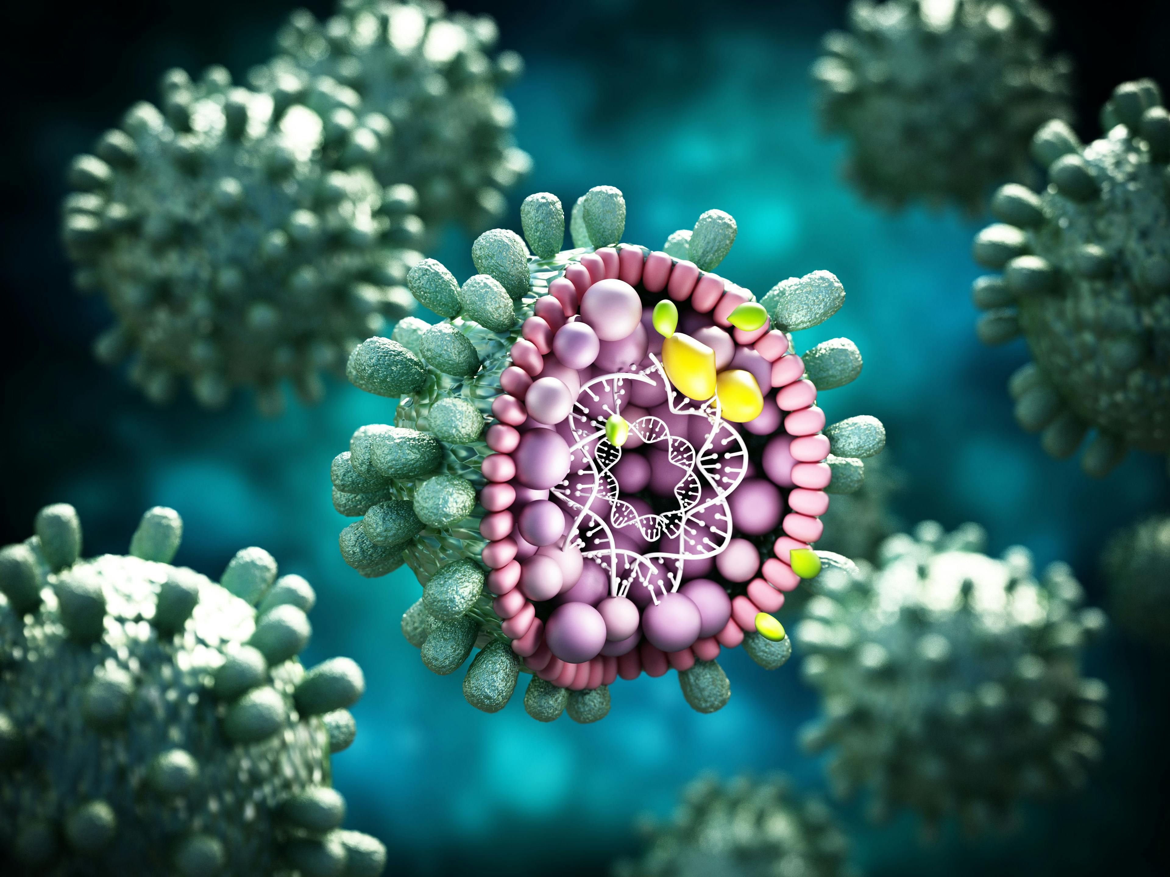 Image credit: Destina | stock.adobe.com. Structural detail of Hepatitis B virus on blue-green background. 3D illustration