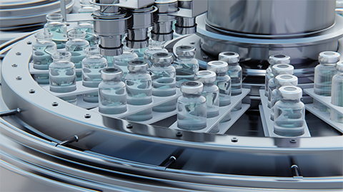 Close up 3d render. Vaccine manufacturing, machine puts caps on bottles vials passing on conveyor belt. Clear blue liquid. Image Credit: Adobe Stock Images/volodyar