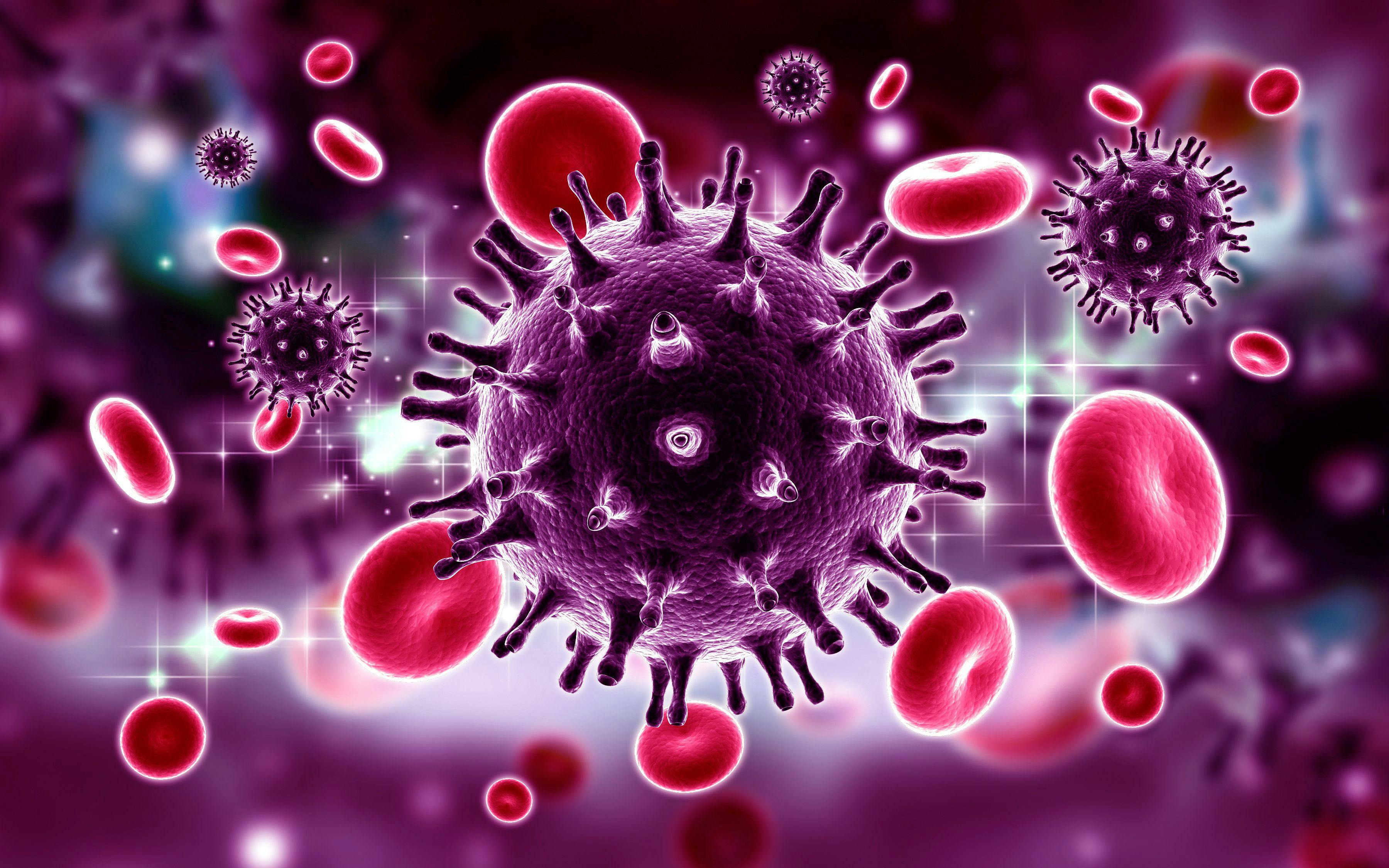Image credit: RAJCREATIONZS | stock.adobe.com. 3d rendered HIV Virus in Blood Stream in color background