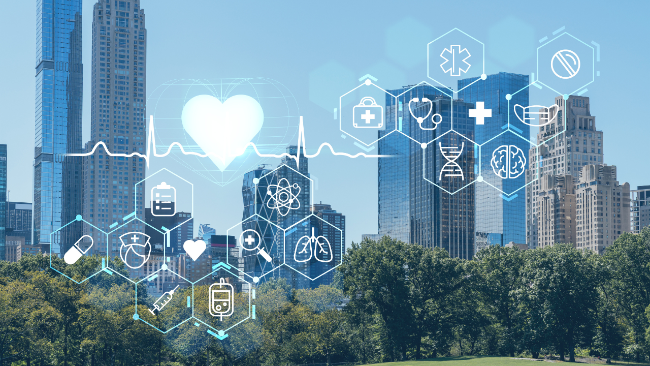 Green lawn at Central Park and Midtown Manhattan skyline skyscrapers at day time, New York City, USA. Health care digital medicine hologram. The concept of treatment and disease prevention. Image Credit: Adobe Stock Images/VideoFlow
