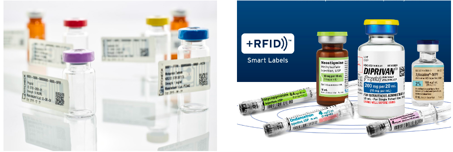 (left-right) How labels could look on Kit Check-enabled vials and Fresenius Kabi’s “+RFID” smart-labeled products. Credit: Kit Check; Fresenius Kabi 