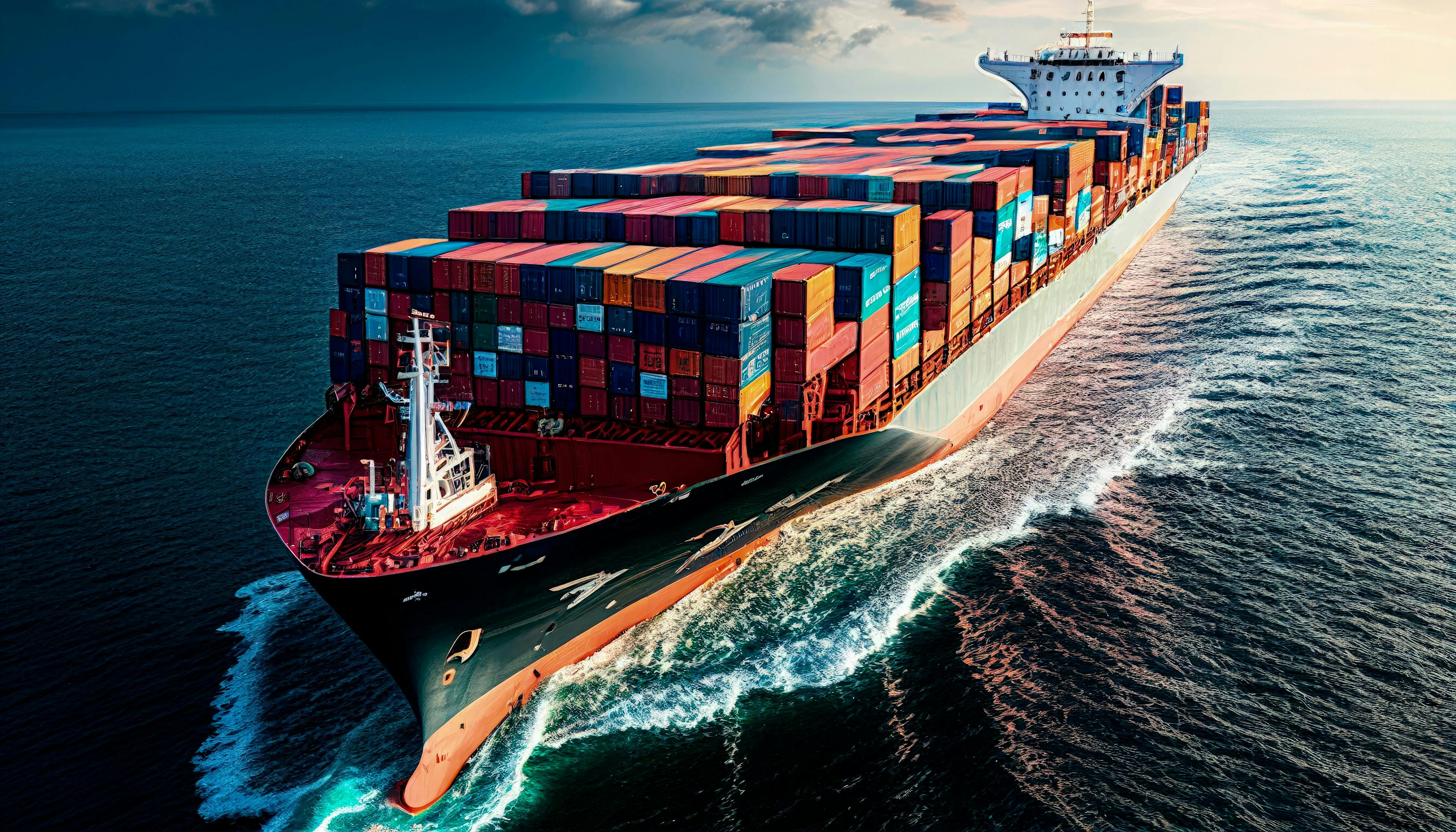 Container ship or cargo shipping business logistic import and export freight transportation by container ship in the open sea, freight ship boat. Generative AI. Image Credit: Adobe Stock Images/GustavsMD