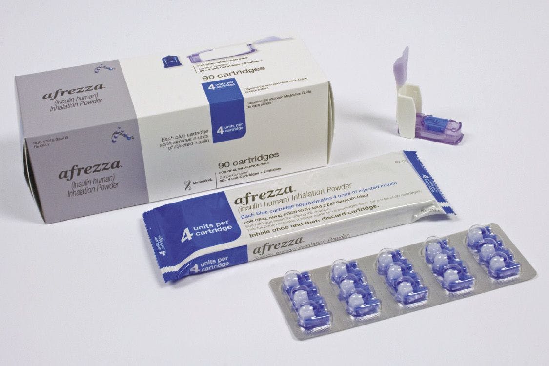 Fig. 1. MannKind’s Afrezza carton has inhalation devices as well as blister-carded drug cartridges. Credit: PCI
