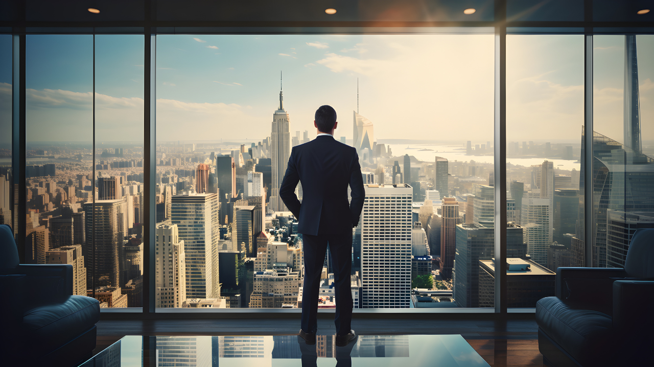 Full length back view of successful businessman in suit standing in office with hands on his waist, CEO looking through window at big city buildings, planning new project, Generative AI. Image Credit: Adobe Stock Images/Mongkol