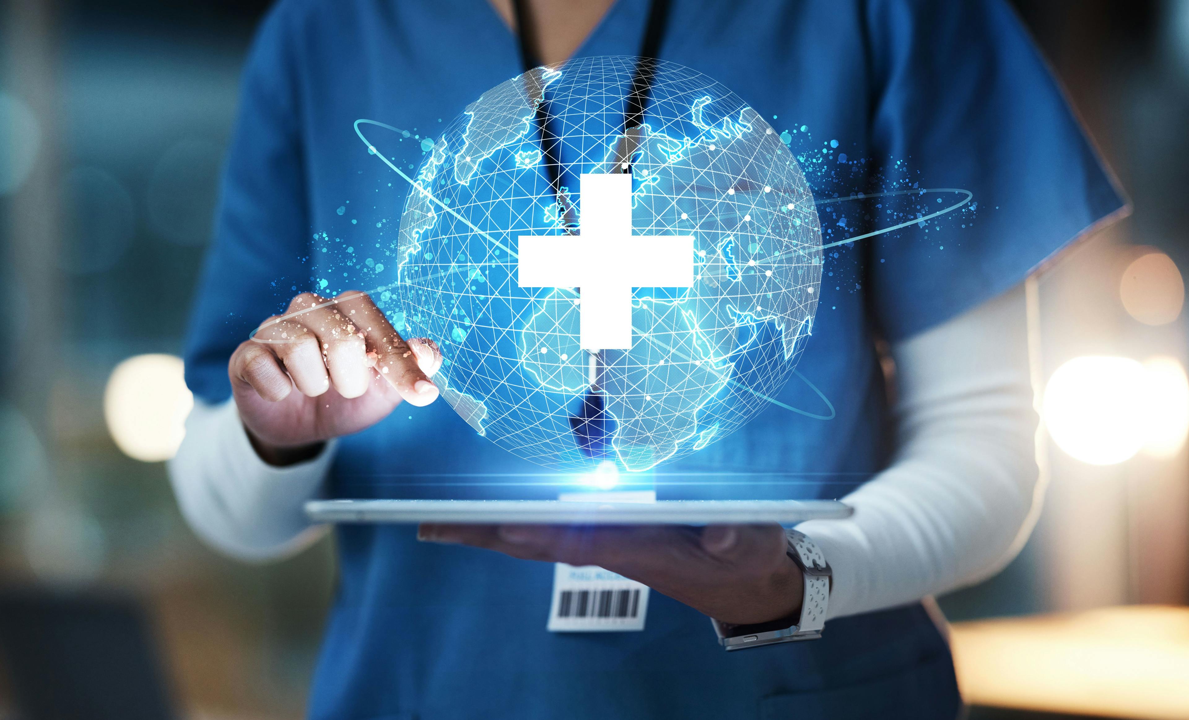 Nurse, hands or technology for 3d globe networking, healthcare community or digital help in life insurance support. Zoom, medical or futuristic world for global hospital, woman or doctor on tablet ux. Image Credit: Adobe Stock Images/C Malambo/peopleimages.com