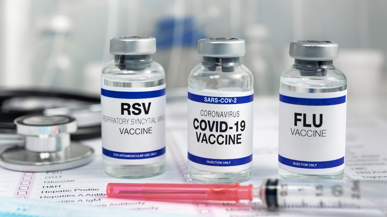 Bottles of vaccine for Influenza Virus, Respiratory Syncytial virus and Covid-19 for vaccination. Flu, RSV and Sars-cov-2 Coronavirus vaccine vials in the medical clinic. Image Credit: Adobe Stock Images/angellodeco