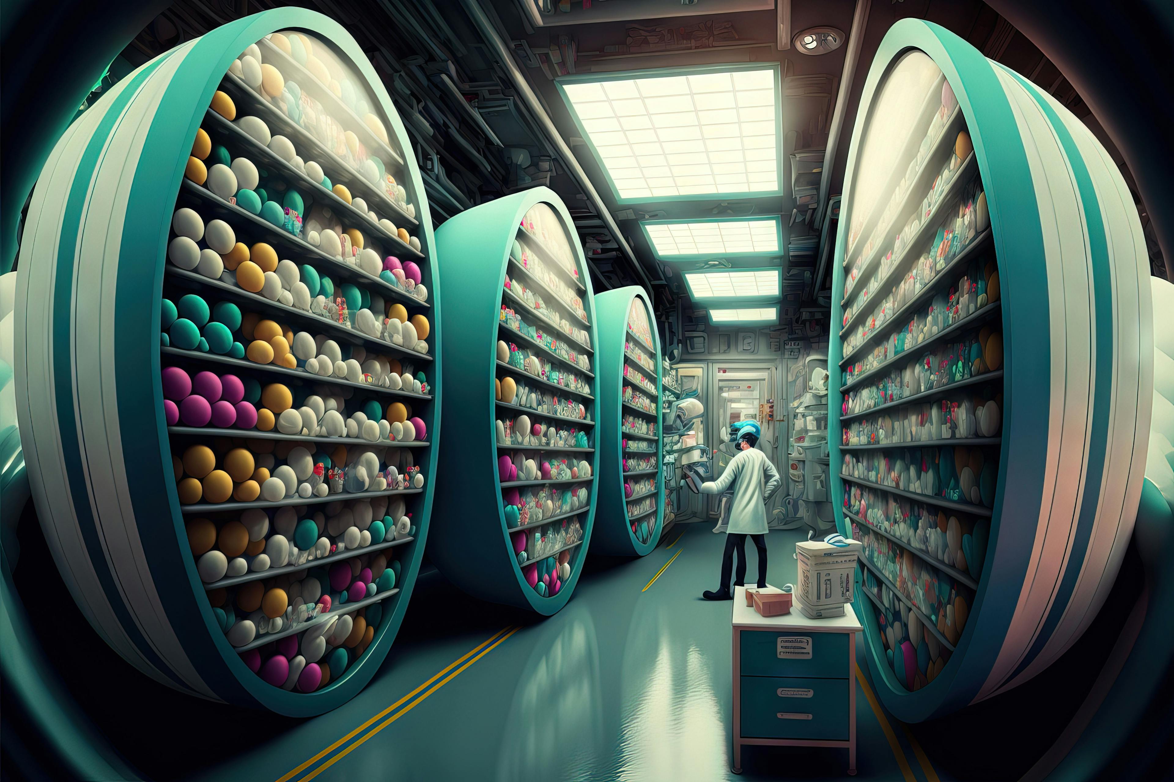 Pharmaceutical Pill Factory Illustrated in a Retro Style. Photo Credit: Adobe Stock Images/Sebastin