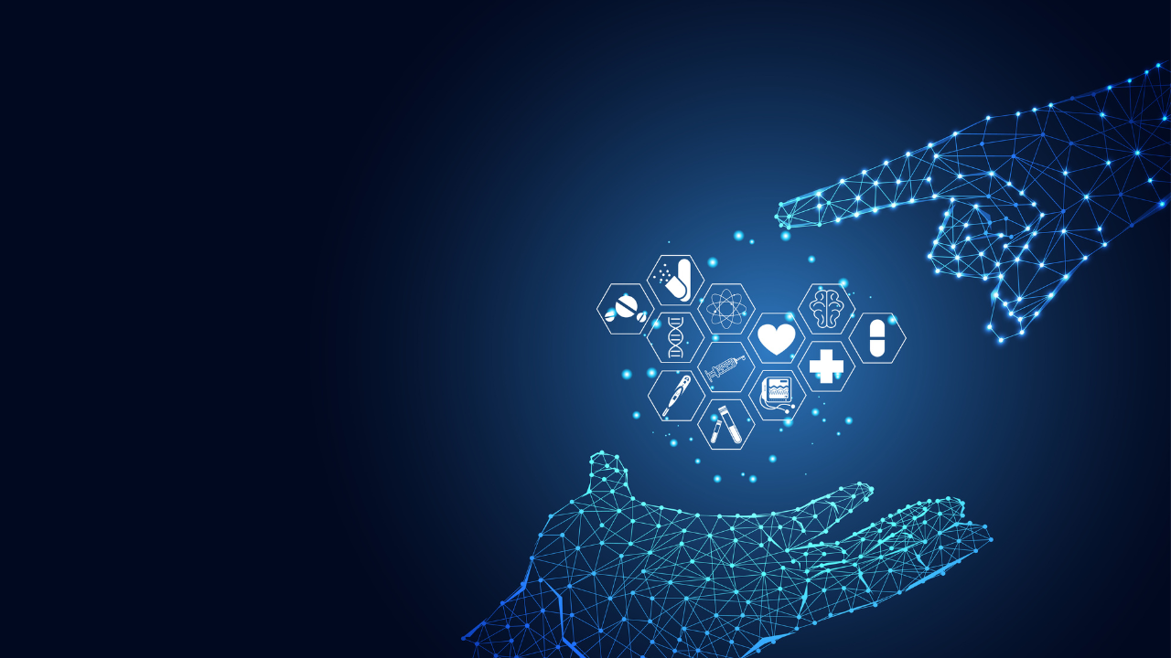 abstract low poly futuristic wireframe concept hand digital and health icon on blue background for template, web design or presentation.Vector Illustration. Image Credit: Adobe Stock Images/Tex vector